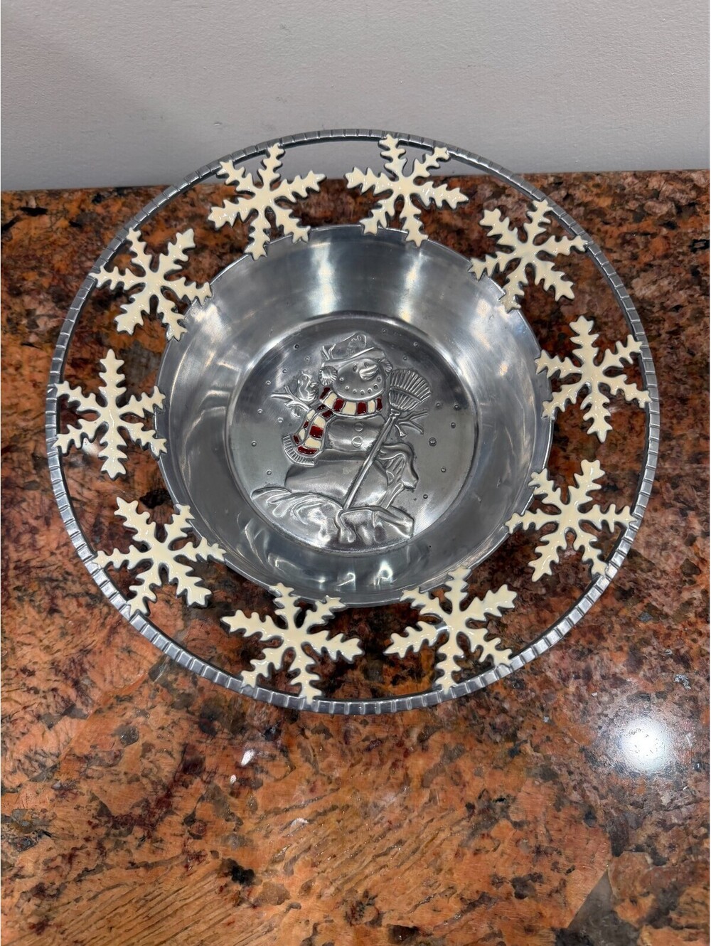 Vintage Belk Christmas Snowflake Snowman Silver-Tone Metal Decorative Bowl